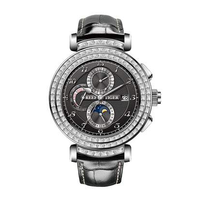 Reef Tiger Luxury Men's Automatic Mechanical Watch Green Dial Moon Phase Date Genuine Leather Strap Waterproof Dress...