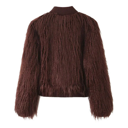 Women Short Faux Fur Jackets Streetwear Winter Casual Single Breasted Long Sleeves Artificial Fur Effect Knitted Jacket