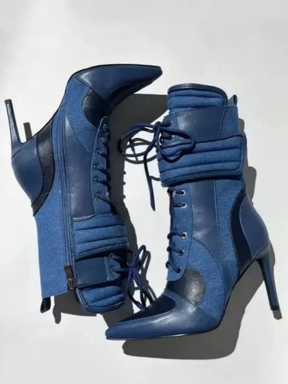 Women Pointed Toe Stiletto High Heel Ankle Boots Color Block Lace Up Fashion Party Club Punk Streetwear Booties
