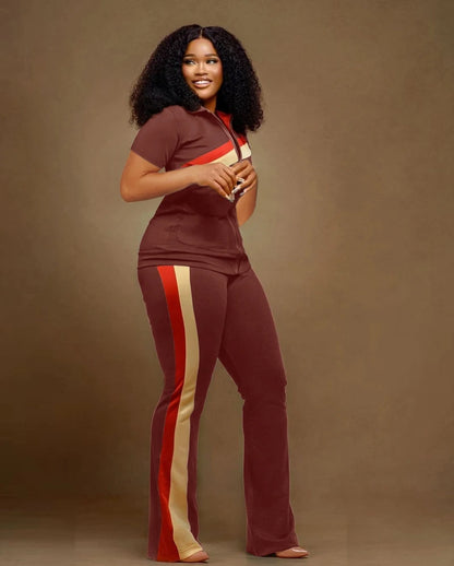 STYLISH LADY Patchwork Sporty 2 Piece Set Women Short Sleeve Zipper Jacket and Pant Suits 2025 Autumn Casual Fitness...