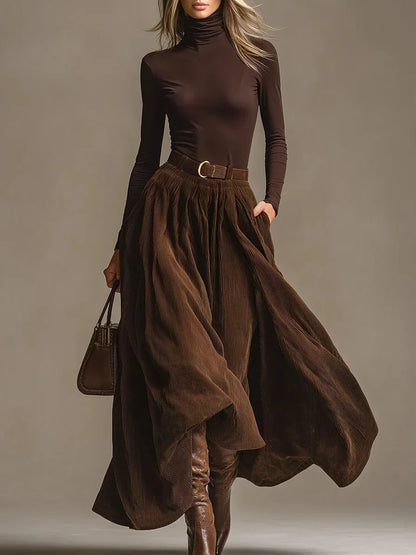 Women's 2 Piece Set Corduroy Skirt Set Brown High Waist Midi Skirt with Belt Long Sleeve High Neck Top Elegant Casual Outfit