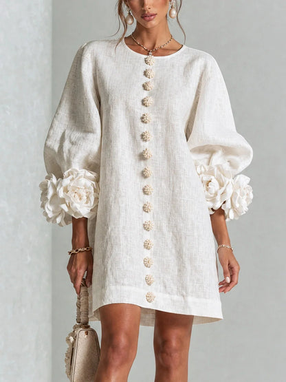 French-style Three-dimensional Flower Lantern Sleeve Cotton-linen Dress with a Round Neck, Single Button Closure, Loose Fit, and