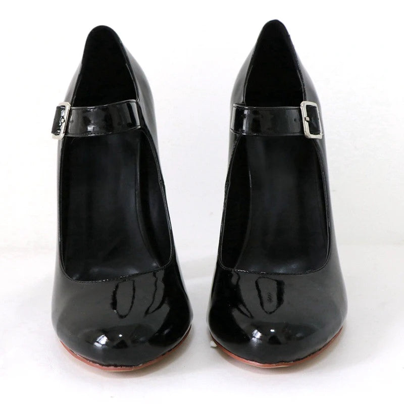 Elegant Women Black Patent Mary Jane High Heel Pumps Buckle Strap Round Toe Block Heel  Party & Office Work Dress Shoes