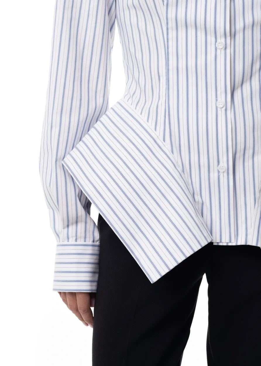 Women's Collar Striped Shirt with Asymmetrical Hem and Waist Cinching 2026 Spring summer Fashionable Casual Office...