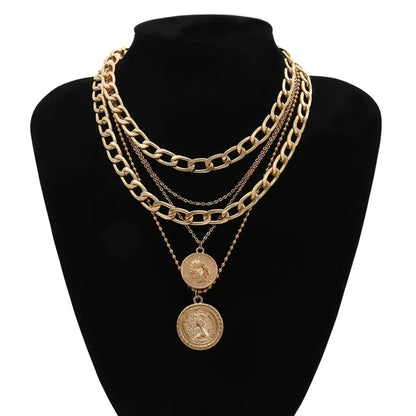 Hip Hop Trend Multilayer Round Pendant Necklace for Women Fashion Punk Gold Color Thick Chain Party Neck Jewelry Accessories New
