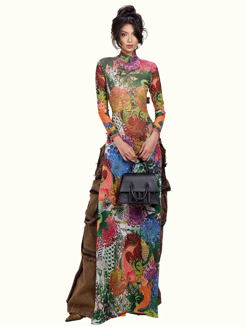 Spring New Arrival Women's Long Sleeve Plant Print High Split Long Top Fashionable Personalized Polyester High Waist H-Line D... - Kimlud