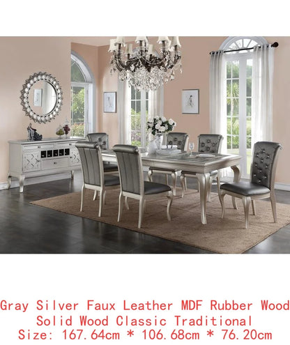 7pc Rect. Glass Dining Table Set w/ Silver Hue & 6 Tufted Side Chairs for Dining Room - Kimlud