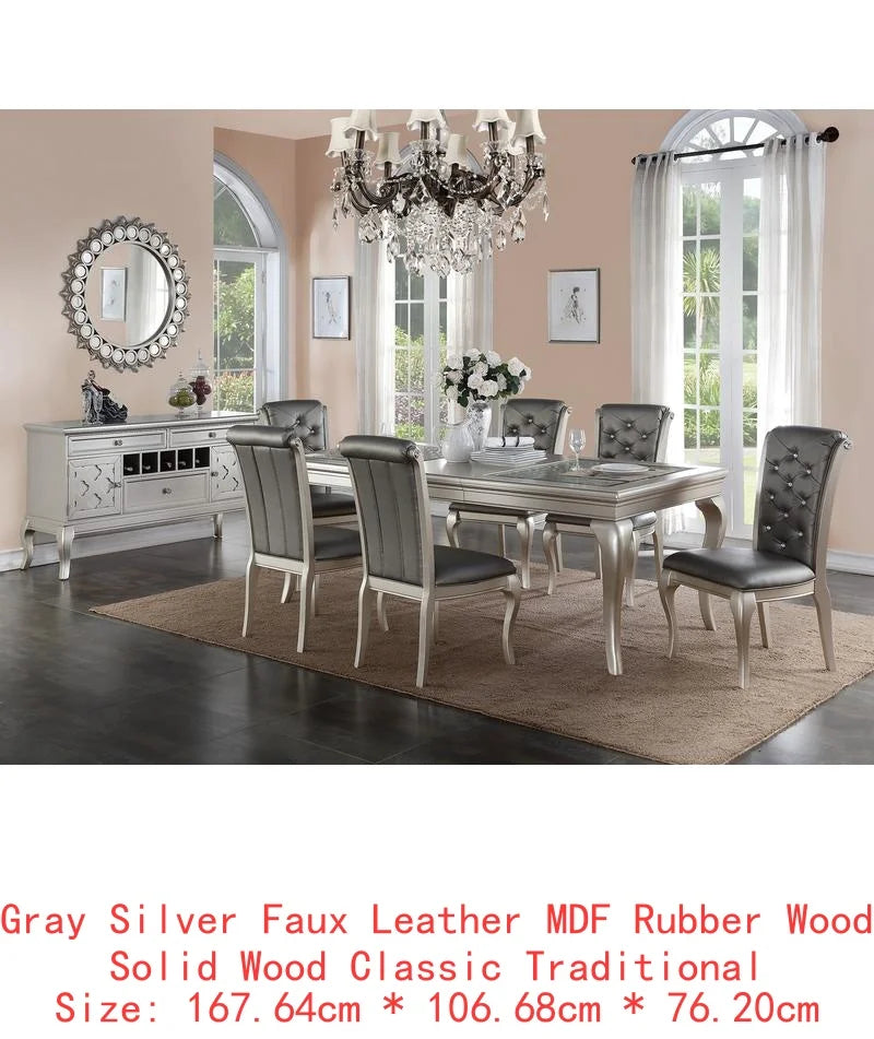 7pc Rect. Glass Dining Table Set w/ Silver Hue & 6 Tufted Side Chairs for Dining Room - Kimlud