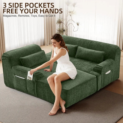 L-Shaped Modular Sectional Chenille Sofa 3 Pockets Scratch Pet Friendly Living Room 102in Left Facing Green, Customized...