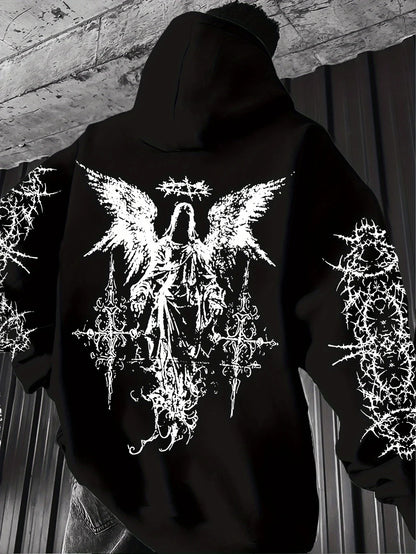 Men's Angel-themed graffiti thorn print streetwear hip-hop punk style hooded sweatshirt regular fit version sweatshirt hoodie