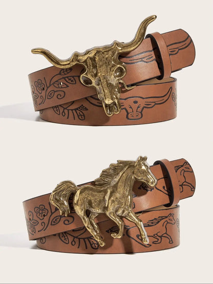 Two pieces of western style Niu Touma buckle embossed belt