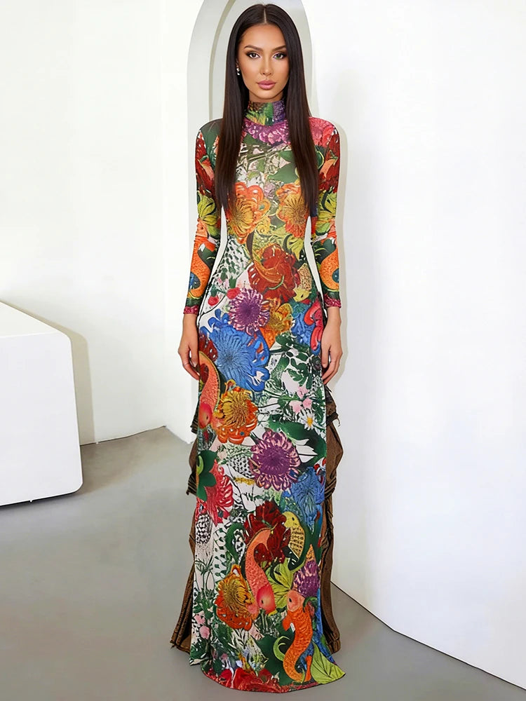 Nibber Splits Hem T-Shirts Woman Colorful Flower Extended Print o-Neck Full Sleeve High Waist Spring Trend Elegant Streetwear - Kimlud