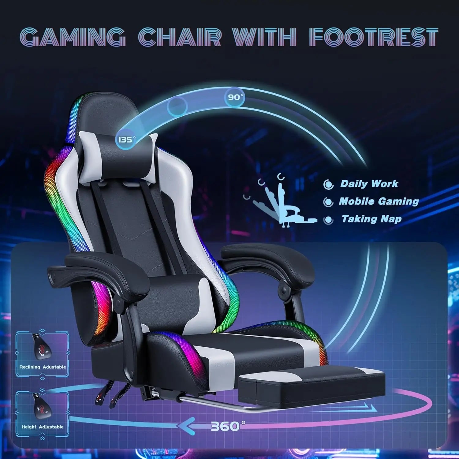Gaming Chair with RGB LED Lights, Video Game Chair with Footrest and Massage Lumbar Support, High Back Reclining, Customized