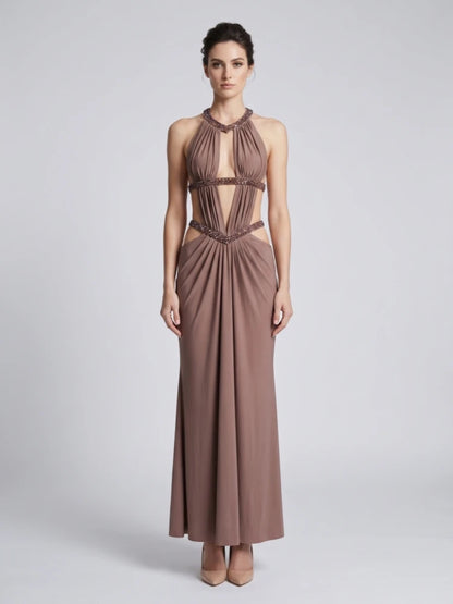 Sexy Straps Halter Neck Diamonds Cut Out Long Dress Women Browns Sleeveless Backless Slim Dresses Evening Party Cocktail Gowns
