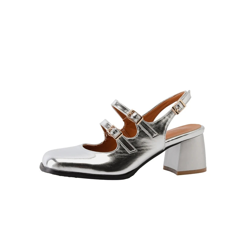 Plus Size 44 45 46 Black Silver Chunky High Heels Mary Jane Shoes Women Square Toe Double Buckle Pumps Slingback Ladies Sandals - Kimlud