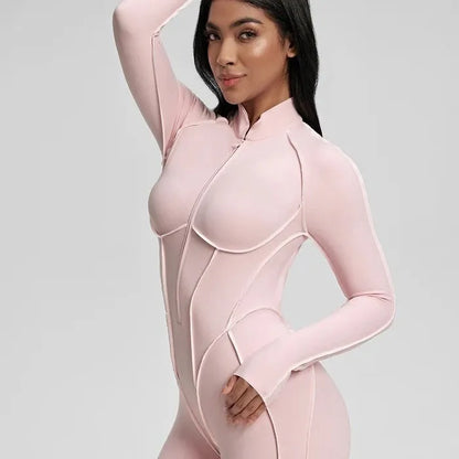 Women's Long Sleeve Zip Front Jumpsuit Chic Open Back with Contrast Stitching Stretchy Fit for Gym Streetwear Activewear Romper - Kimlud