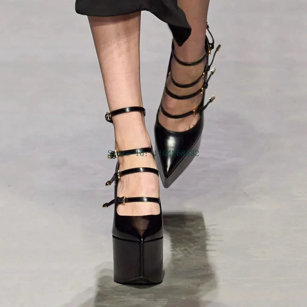Platform Thick Heel Bucke Strap Pumps Sexy Pointed Toe Patent Leather New Arrivlas Fashion Women Modern Runway Shoes