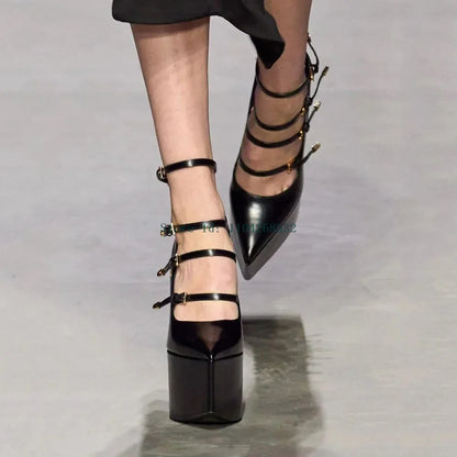 Platform Thick Heel Bucke Strap Pumps Sexy Pointed Toe Patent Leather New Arrivlas Fashion Women Modern Runway Shoes