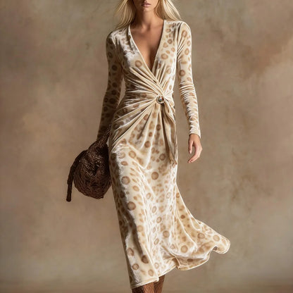 Sexy Leopard Print Velvet Maxi Dress Women Long Sleeve V Neck Twist Front Elegant Cocktail Party Dress Vacation Evening Dress