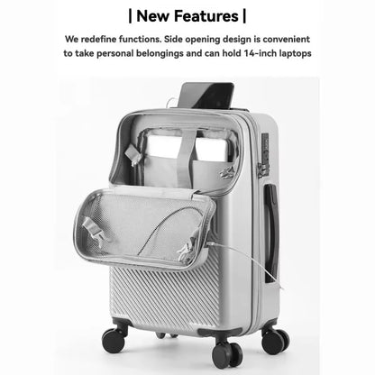 Front Opening Pocket Suitcase Travel Rolling Luggage Aluminum Alloy Trolley ABS+PC Case Bag with Spinner Wheel USB Charging Port