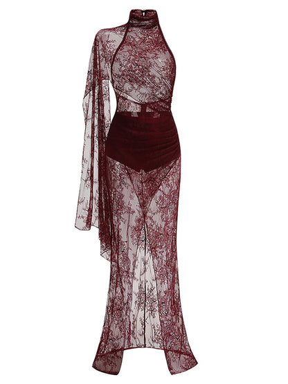 Sexy Backless High Neck See Through Lace Ruched Long Dress Women Burgundy Sleeveless Draped Slim Dresses Evening Maxi Party Gow