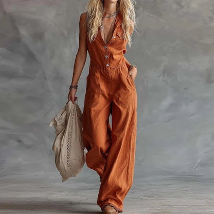 Women Summer Sleeveless Patchwork Jumpsuit Wide Leg Pants Playsuit Chic Bodysuit Button Detail Holiday Fashion Simple Design New - Kimlud
