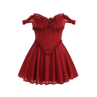 VC Trendy Red Off-Shoulder V Neck Mini Ruffled Dress with Corset Top for Festival & Event Favorite Gown