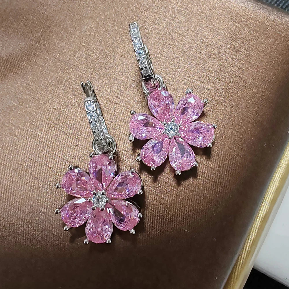 Pink Flower Sparkling Zircon Silver Drop Earrings for Women Vintage Jewelry Wedding Engagement Hoop Earrings Gifts |...