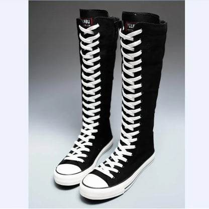 2025 New High Top Canvas Shoes for Women's Korean Edition Long Boot Lace-Up Zipper Comfortable Boot Zapatos De Mujer Tendencia