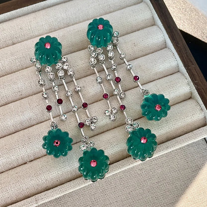 Vintage Blue Glass Pumpkin Bead Tassel Earrings for Women Party Jewelry