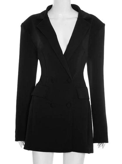 Mozision Deep V Neck Long Sleeve Sexy Mini Blazer Dress Women Elegant Double-breasted High Waist Club Party Blazers Dress
