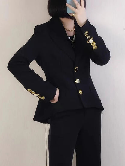 TWOTWINSTYLE Solid Spliced Lace Up Slimming Jackets For Women Lapel Long Sleeve Tunic Temperament Patchwork Button Coat Female - Kimlud