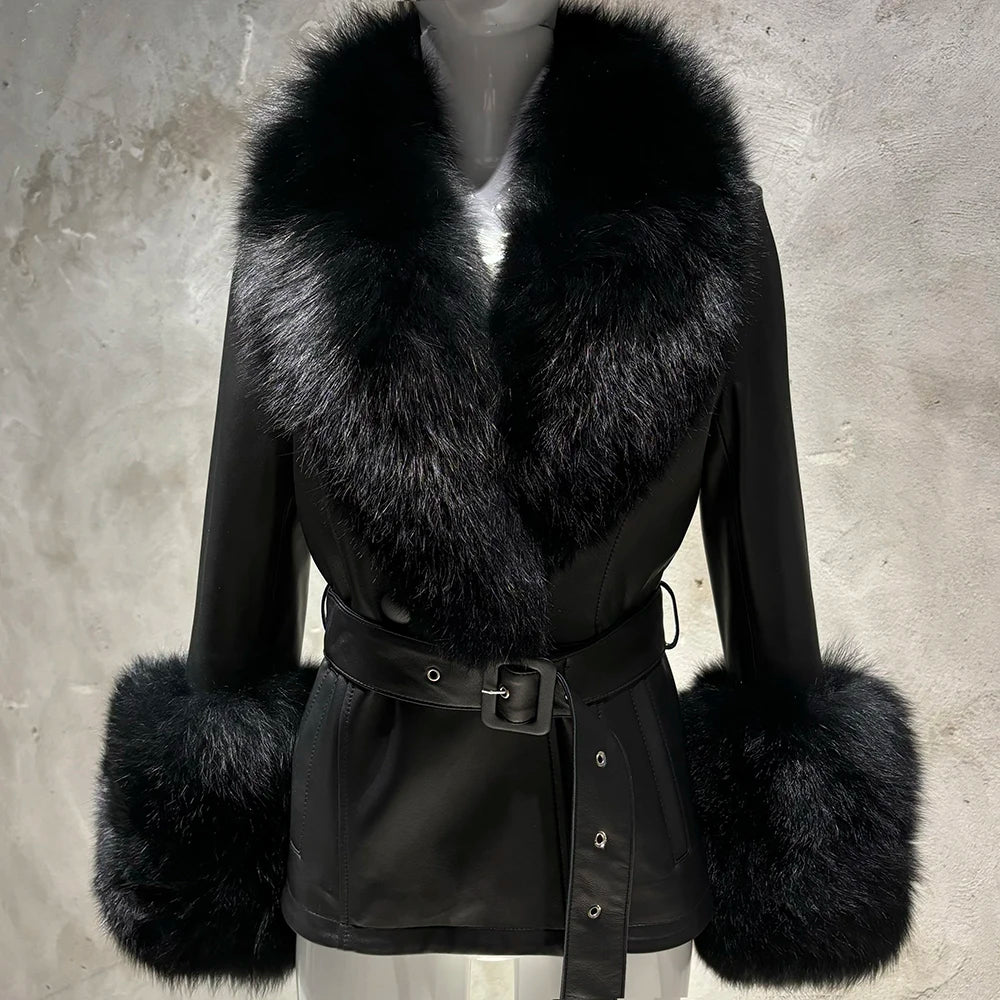 YOLOAgain Women's Real Fox Fur Collar Sheepskin Leather Jacket Coat Autumn 2024