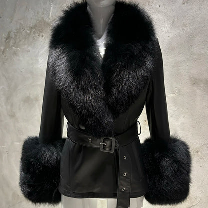 YOLOAgain Women's Real Fox Fur Collar Sheepskin Leather Jacket Coat Autumn 2024