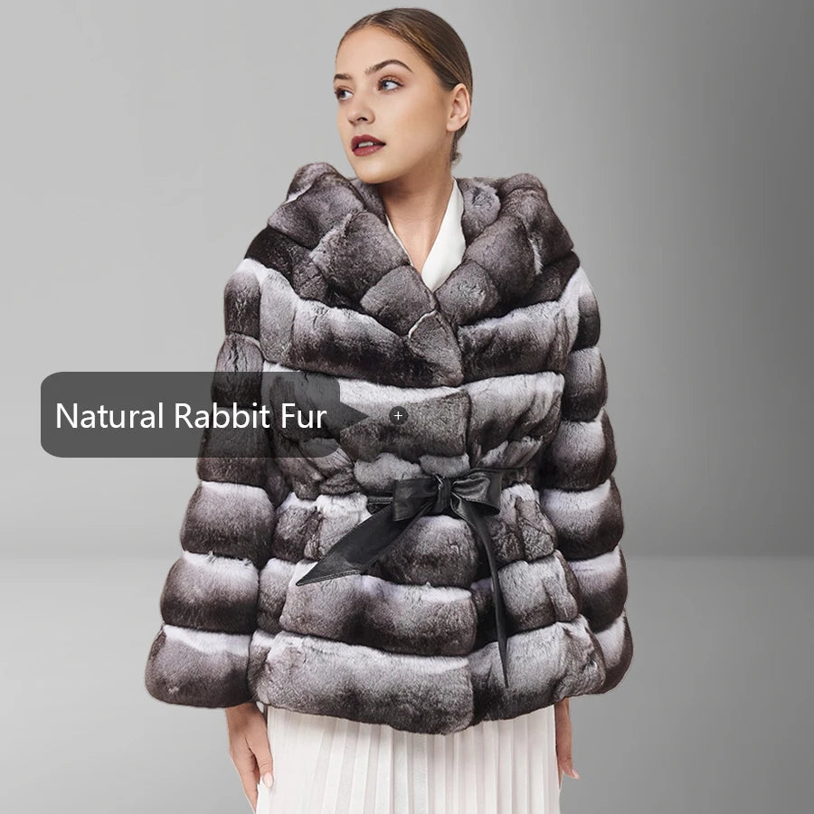 Natural Rex Rabbit Fur Jacket With Hood Women's Winter Jacket Real Rabbit Fur Coat With Belt Hot Selling Genuine Leather Jackets