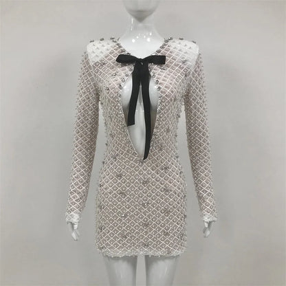 Luxury White Pearls Bow Women Prom Dress Full Sleeves Party Gown Skirt Short Mini Sheath Evening Gown Hot Girl Formal...
