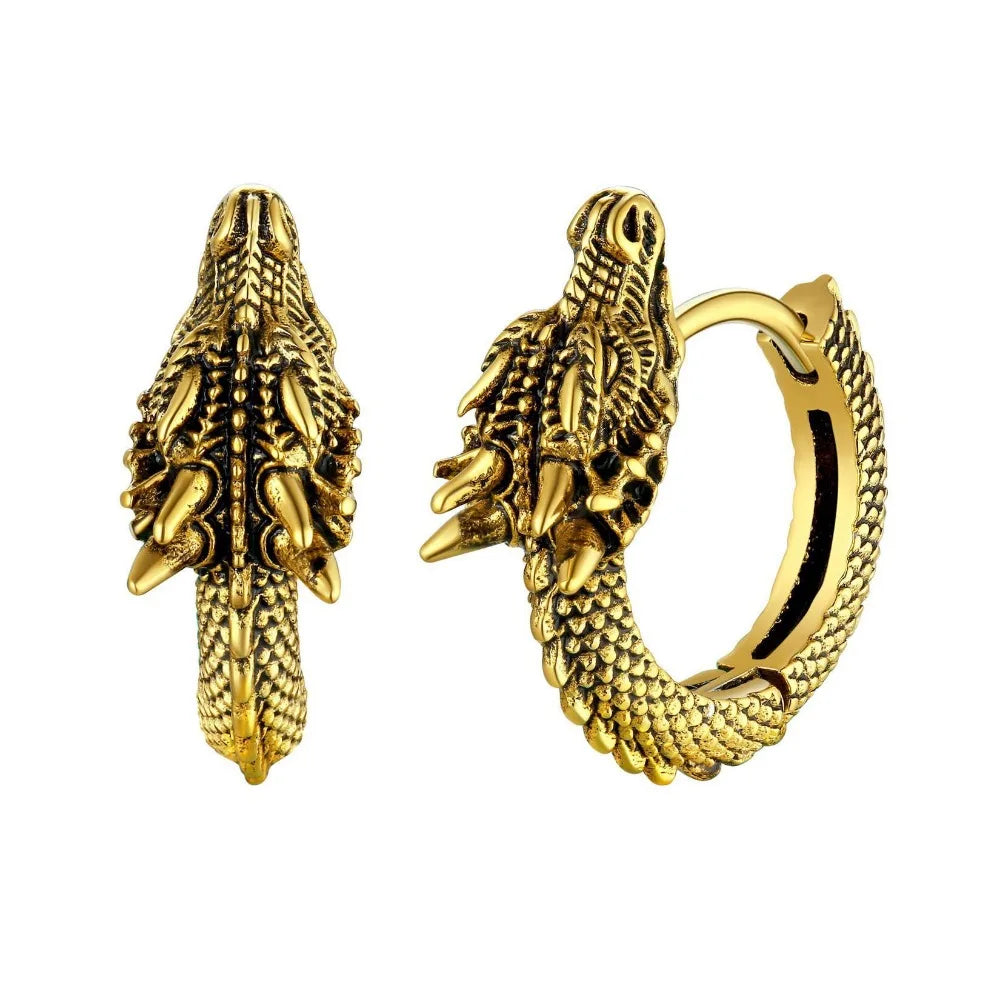 Retro Hip-hop Stainless Steel Gold Color Dragon Hoop Earrings Women's Men Punk Personality Cool Streetwear Jewelry Accessories