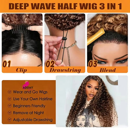 Highlight Burmese Curly 3 IN1 Half Wig Human Hair With Drawstring 250 Density Glueless Half Wig Flip Over Burmese Curly Half Wig