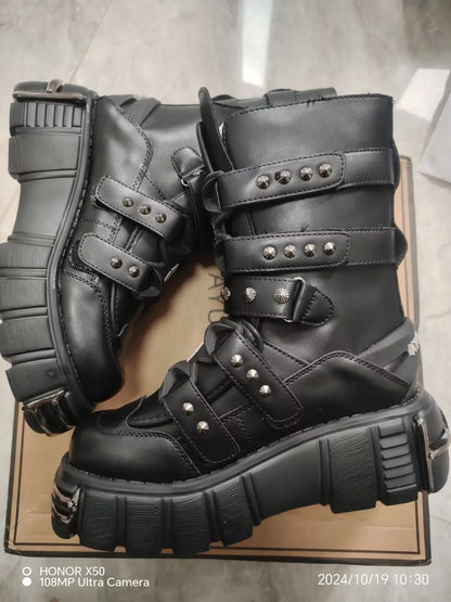 2025 New Star Same Dark Goth Mid-tube Metal Rivet Lace-up Men's and Women's Platform Punk Boots Tide