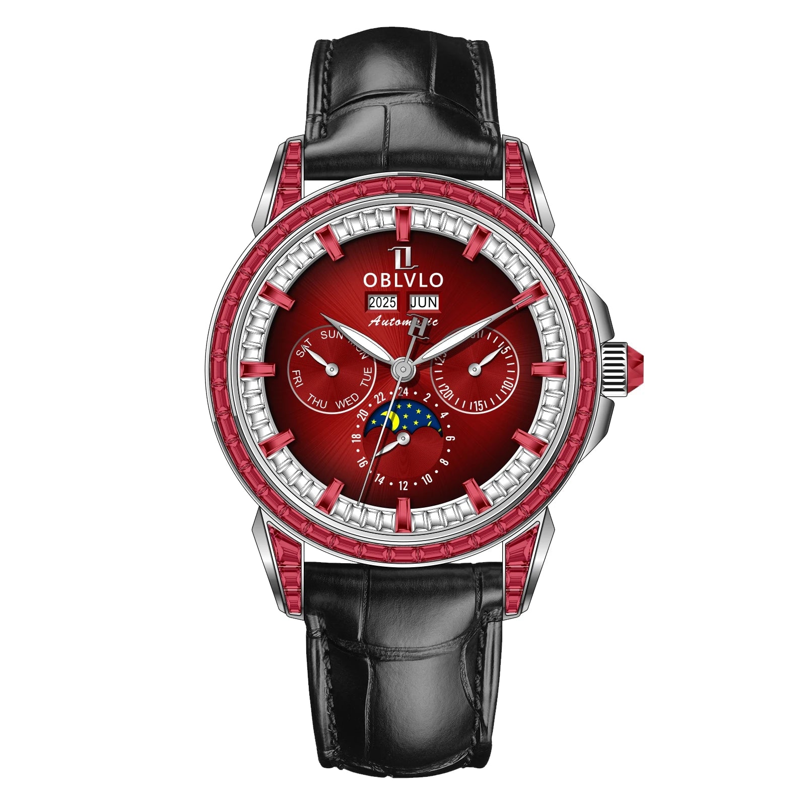 OBLVLO Men's Fashion Automatic Watch Colorful Zircon Moonphase Mechanical Multifunctional Black Leather Strap Timepiece...