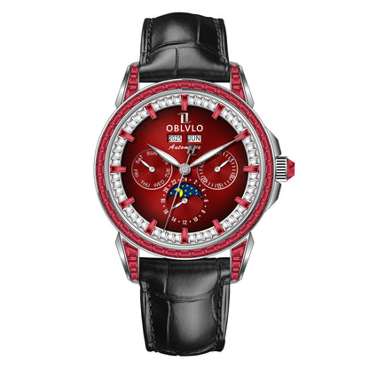 OBLVLO Men's Fashion Automatic Watch Colorful Zircon Moonphase Mechanical Multifunctional Black Leather Strap Timepiece...