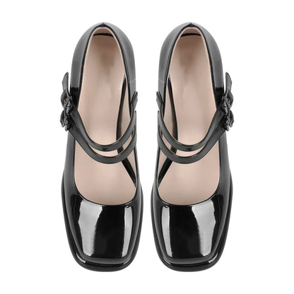 Onlymaker Women Square Toe Mary Jane Buckle Strap Chunky Heel Black Patent Leather Pumps