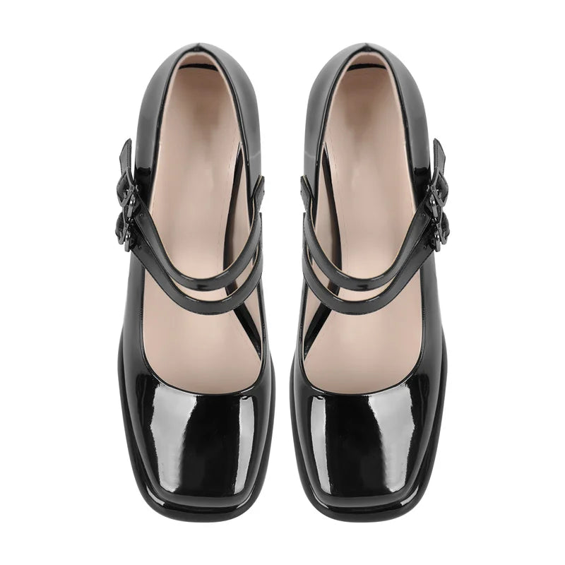 Onlymaker Women Square Toe Mary Jane Buckle Strap Chunky Heel Black Patent Leather Pumps