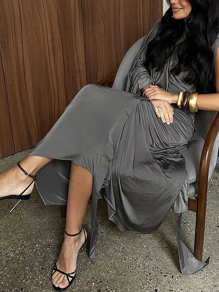 Nibber Summer Y2K Solid Style 2Piece Set Women Turtleneck Single Shoulder Sleeve Tops+Ruched Long Skirts Fashion Elegant Outfits