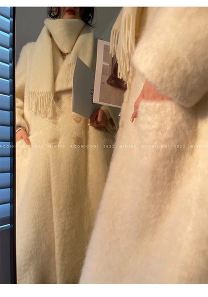 Lautaro Winter Long Vintage White Thick Warm Fluffy Wool Blends Coat Women Double Breasted Elegant Luxury Designer...