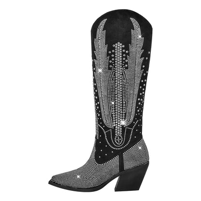 Onlymaker Women Black Knee High Rhinestone Boots Western Cowboy Boots Glitter Bling Shiny Block Heel Handmade Boots