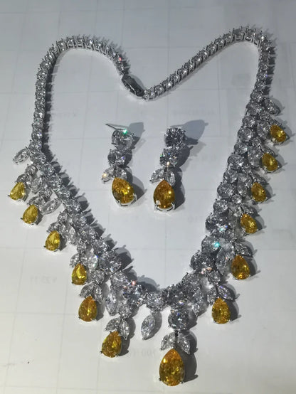 Emmaya Zircons Bling Square Drop Dark Blue Cubic Zircon Necklace and Earrings Women Party Jewelry Set for Wedding Brides