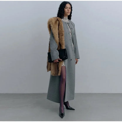 Women's Long Grey Woollen Coat O-neck Full Sleeve Asymmetric Button Design Elegant Silhouette Warm Outerwear 2025 Autumn Coat