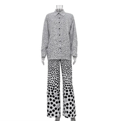 Fashion Loose Print 2 Piece Sets Loungewear Women Outfit Elegant Long Sleeve Shirts With High Waist Wide Pants Set Homewear