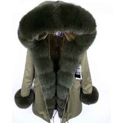 MAOMAOKONG 2024 Winter Women Coat Natural Fox Fur Collar Cuff Black Jackets Outwear Thick Luxury Real Fur Parka Women's Fur Coat
